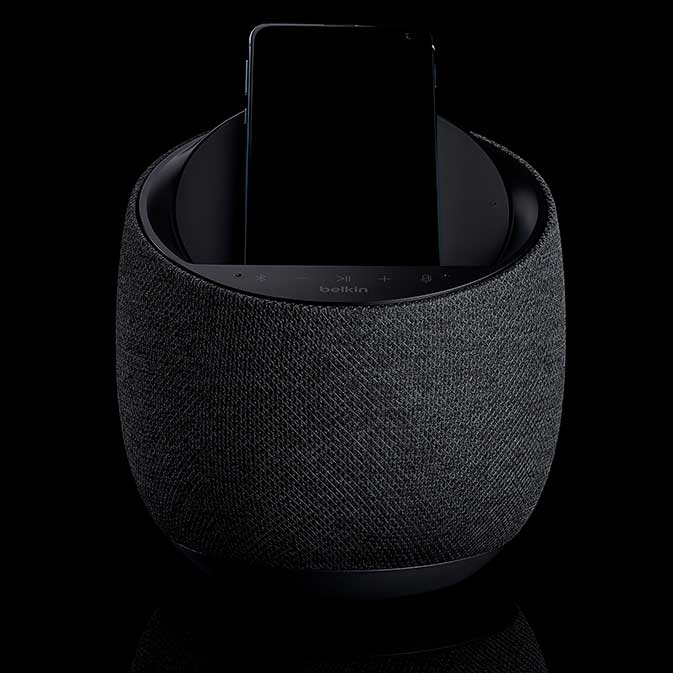 Belkin G1S0001 Soundform Elite Smart Speaker image, black, front view with phone in place
