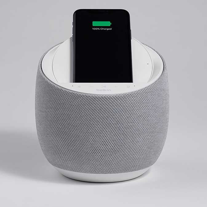 Belkin G1S0001 Soundform Elite Smart Speaker image, white, front view with phone in place