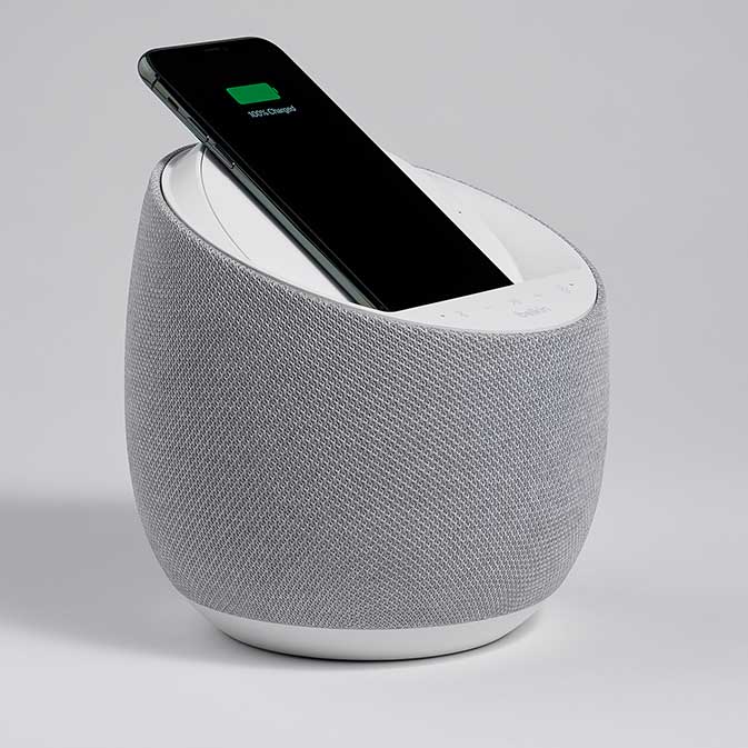 Belkin G1S0001 Soundform Elite Smart Speaker image, white, three-quarter view with phone in place
